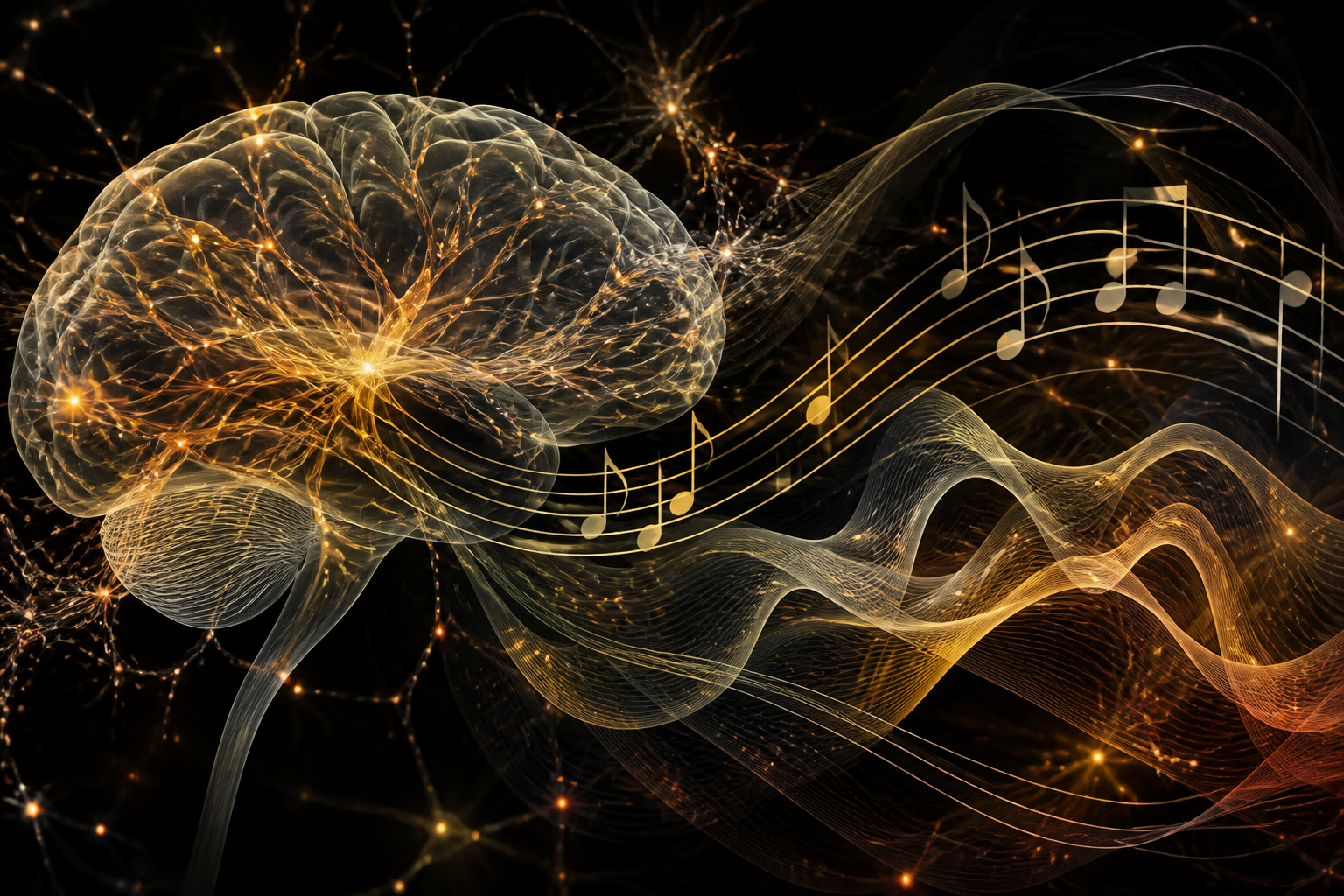 A glowing brain with musical staves and notes flowing outward