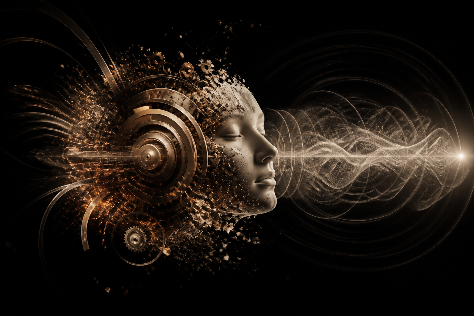 A calm face merging with gears and radiating sound waves