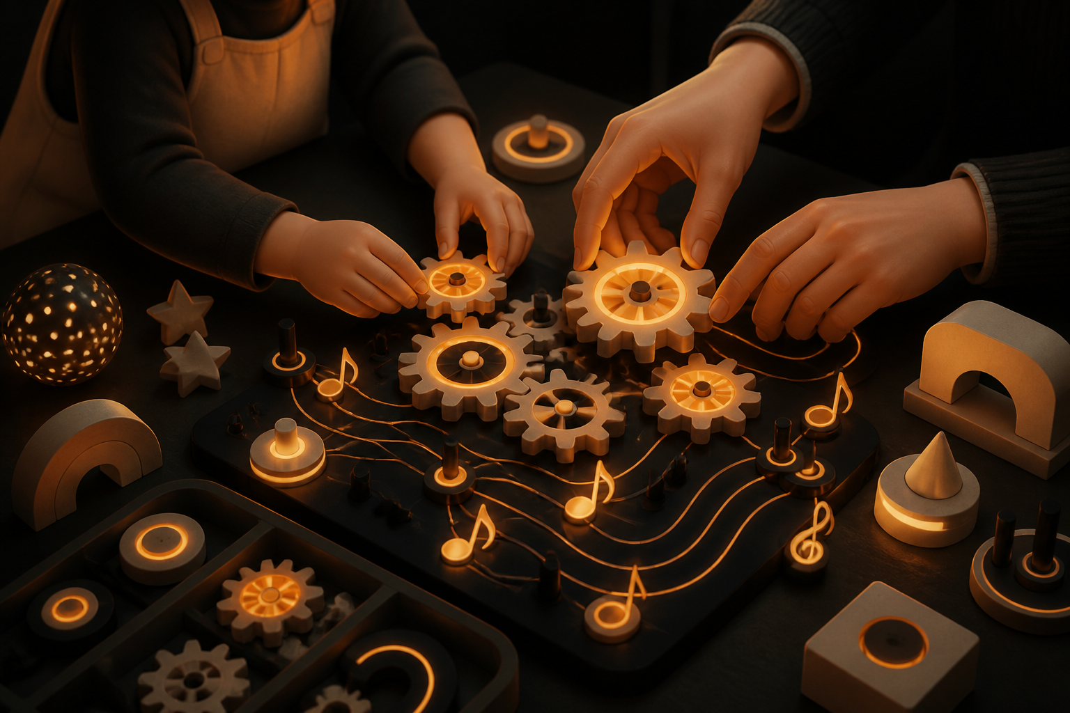 An adult and a child placing glowing gears on a musical play board