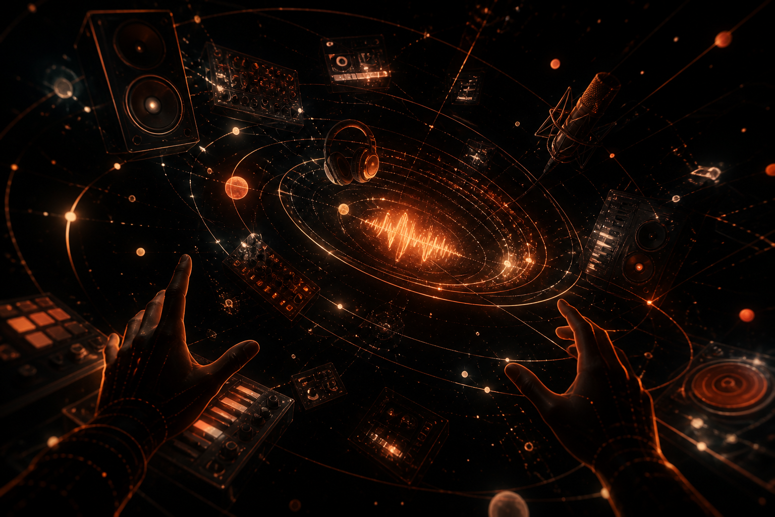 First-person view entering a VR sound scene of floating studio gear