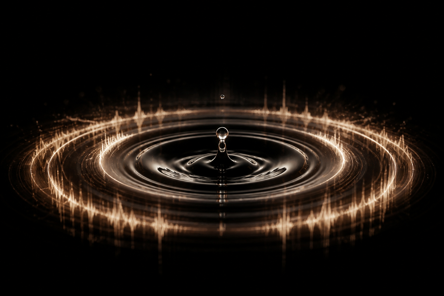 A water drop striking a dark surface, ripples becoming sound-wave rings